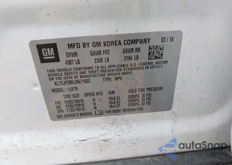 2018 Chevrolet Trax Lt из США, поврежденный, VIN KL7CJPSBXJB671602